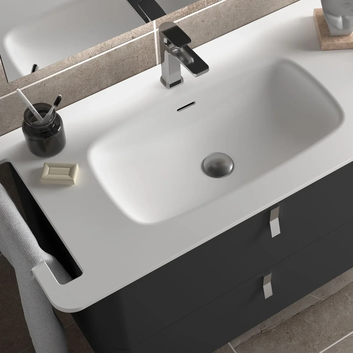 Lavabo UNIIQ 90/120 cm | Solid Surface Blanco | Toallero Opcional | Lavabo Izquierda/Derecha - Imagen 6