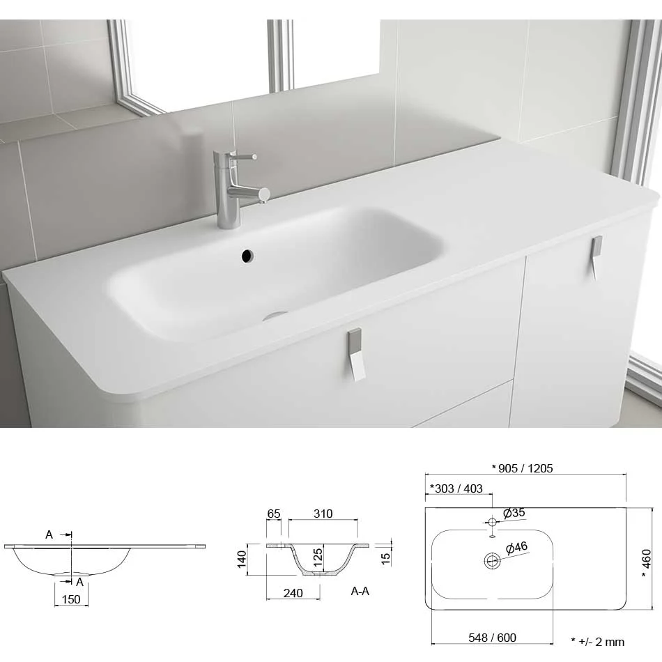 Lavabo UNIIQ 90/120 cm | Solid Surface Blanco | Toallero Opcional | Lavabo Izquierda/Derecha - Imagen 4